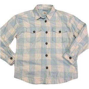 Marine Layer Women's Large Bailey Flannel Shirt Jacket In Light Blue White Plaid